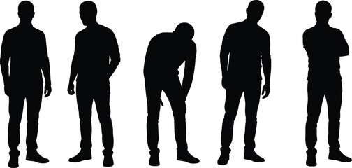 Male standing silhouettes showing different casual and tired body language poses isolated on white background human posture collection © Mdmostakim