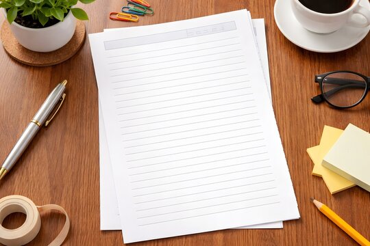 Creative workspace background with blank notepad page, stationery and coffee cup.