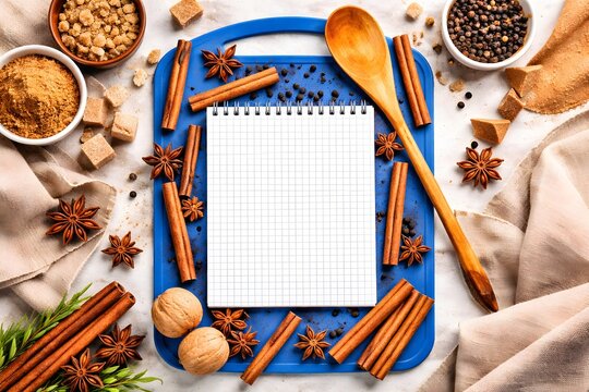 Recipe book mockup with blank checkered paper, wooden spoon and aromatic spices on a bright kitchen background.