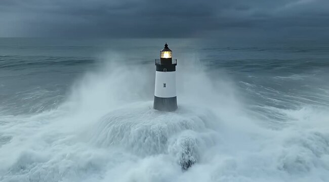 Lighthouse endures immense waves, standing firm amidst the turbulent sea at night