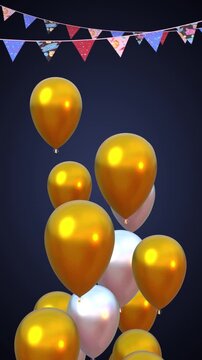 Happy birthday congratulation video with golden and white balloons flying up and confetti falling down. Anniversary celebration loop animation