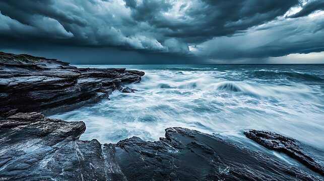 Dramatic seascape with dark clouds and rough ocean waves under moody skies