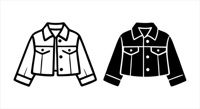 Two icon illustrations of denim jackets in outline and solid black