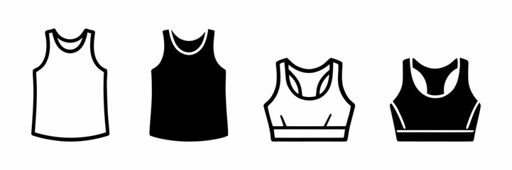 Set of black and white vector icons representing athletic tank tops and sports bras