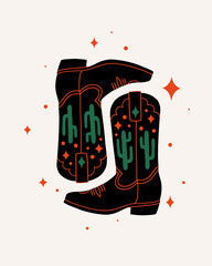 Stylized illustration of black cowboy boots decorated with green cacti and orange accents, surrounded by stars. Modern and minimalist, ideal for Western-themed designs or merchandise.