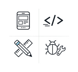Obraz premium Mobile app development and digital product design representing the process of creating modern applications for smartphones through coding, interface design, and testing workflows, four tiles