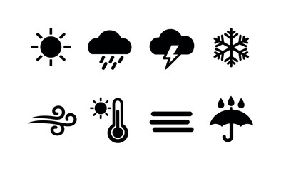 Fototapeta premium Weather conditions symbols: sun with rays, cloud with rain, cloud with lightning, snowflake, wind swirl, thermometer with sun, fog cloud lines, umbrella with raindrops