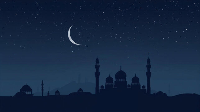 illustration silhouette of a grand mosque with minarets and domes under starry sky vector background