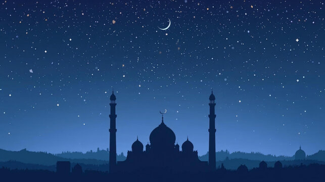illustration silhouette of a grand mosque with minarets and domes under starry sky vector background