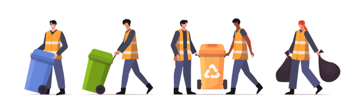 Set janitors team gathering trash. Dustmen in orange reflective vests are carrying bags of garbage and containers. This is part of the municipal rubbish service. Vector Not AI generated