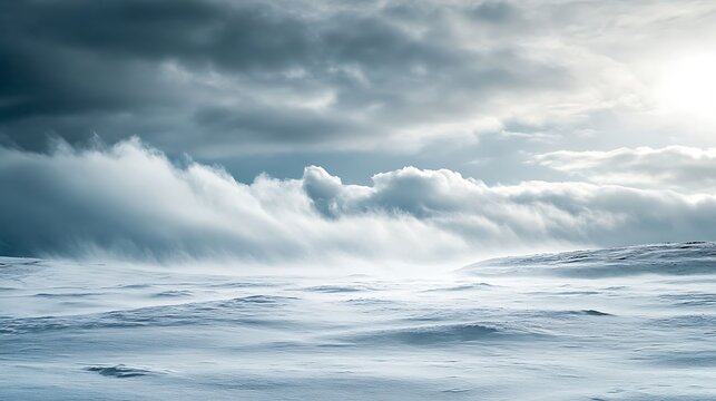Dramatic sky over snowy landscape atmospheric scene with clouds and light