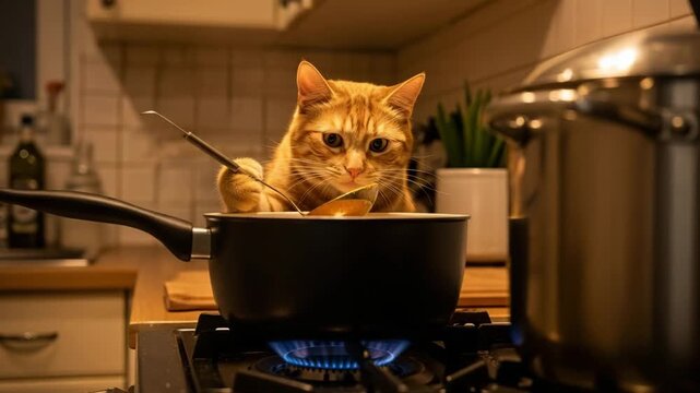 A curious cat cooks in a kitchen with a pot on the stove and a video showcasing its culinary skills
