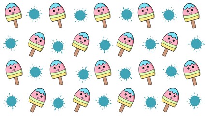 Obraz premium Seamless pattern of cute smiling popsicle characters with watercolor splash shapes on a white background.
