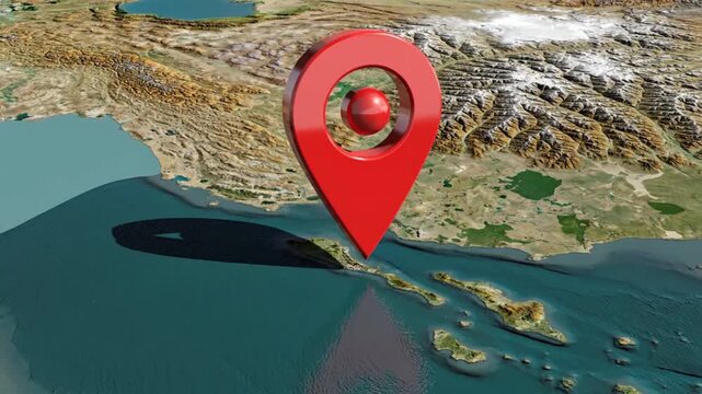 Animated red location pin moves dynamically over satellite map showing islands and ocean with mountains in background in cinematic footage
