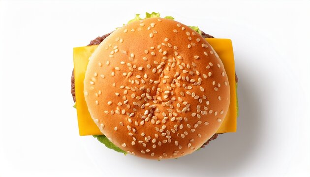 a top view of a hamburger with cheese isolated on a white background