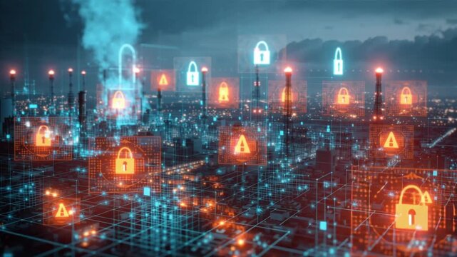 Cyberattacks critical infrastructure digital protection monitoring. Network breaches. Digital representation of an industrial plant with cybersecurity warnings