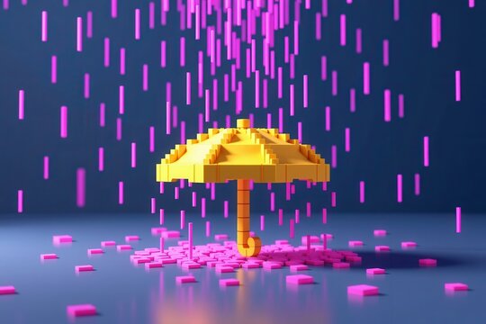 A 3D voxel art render of a torrential downpour of pixelated purple rain hitting a blocky, neon yellow umbrella.