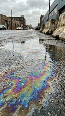 Fototapeta premium Close ground view of multicolored oil slick flowing across wet cobblestone pavement for grunge background and environmental texture design