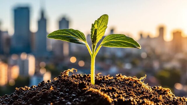 Close-up of a vibrant green seedling sprouting from rich brown soil with a blurred city skyline and golden sunset in the background, symbolizing growth and urban sustainability.
