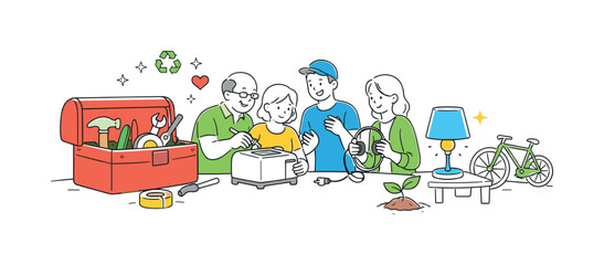 Naklejka premium Neighbors organizing a small community repair workshop where people bring broken household items and learn simple fixing skills together, visual metaphor of a large toolbox placed beside a
