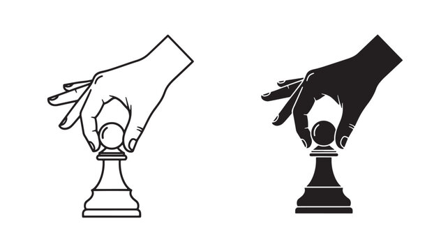 Chess pawn piece silhouette held by a hand, presented in both outline and solid black versions for strategic game play.
