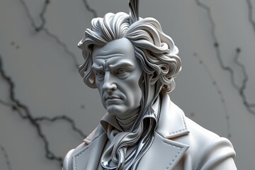 Obraz premium A 3D fluid simulation of liquid titanium pouring over a pristine, white marble bust of Beethoven, freezing instantly into a metallic mask.