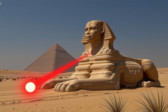 A hyper realistic image of an ancient Egyptian Sphinx trying to bat a massive, glowing red laser pointer dot on the desert sand.