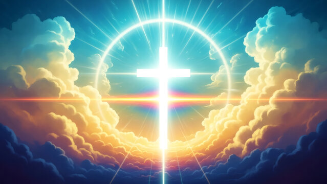 Radiant cross illuminated by heavenly light emerges through clouds. divine scene with vibrant colors and ethereal glow. essence of spiritual significance. easter resurrection concept. Good Friday.