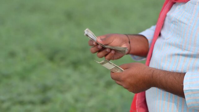 Young indian farmer counting money at agriculture field