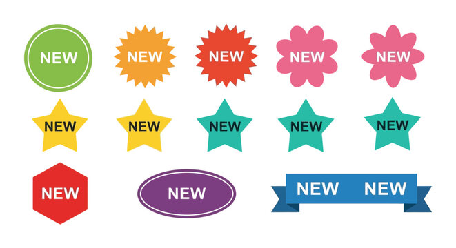 Colorful vector graphic set of assorted shapes advertising new product arrival badges and labels