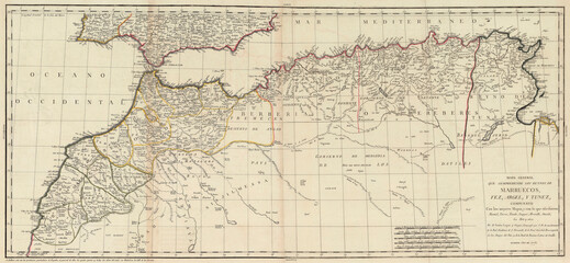 Fototapeta premium Antique north african map. Fez Berberia Argel Tunez. Spanish language