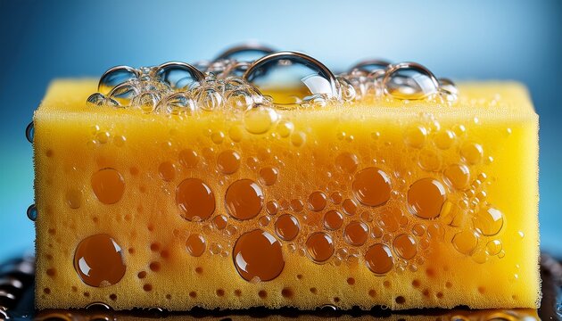 a close up of a yellow cleaning sponge bubbles are on top