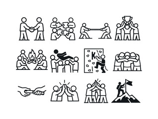 Team building activities: team of four people, handshake, puzzle pieces connection, rope tug of war, people lifting trophy, campfire circle, trust fall silhouette, climbing wall with person
