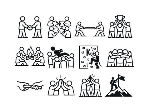 Team building activities: team of four people, handshake, puzzle pieces connection, rope tug of war, people lifting trophy, campfire circle, trust fall silhouette, climbing wall with person