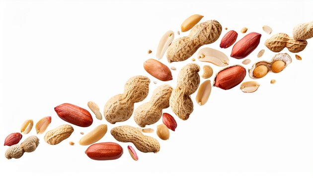 flying stream of raw peanuts in shells and shelled kernels forming a diagonal wave isolated on transparent white background