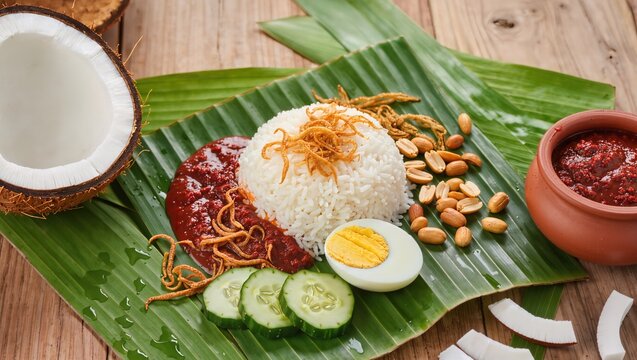 Traditional Nasi Lemak with Egg Peanuts and Ikan Bilis