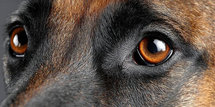 Stunning Belgian Malinois Portrait with Expressive Gaze Against a Clean Gray Studio Backdrop