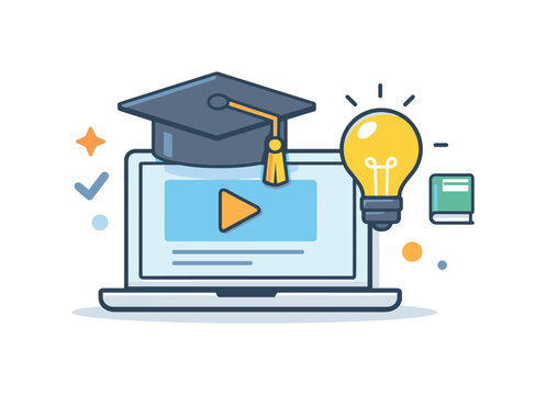 Online education and continuous professional learning through modern digital platforms enabling accessible skill development anywhere, a laptop paired with a graduation cap and a lightbulb