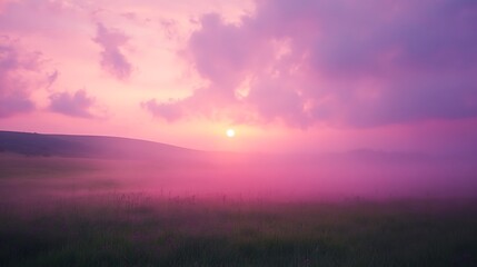 Obraz premium Dramatic sunset sky over rolling hills with pink and purple hues