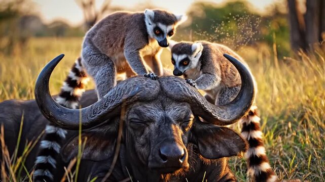 A ring-tailed lemur sits atop a large African buffalo in a grassy field, showcasing an unlikely friendship and the beauty of wildlife in its natural habitat during golden hour