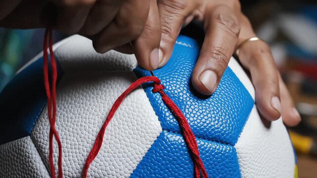 Close up view of hands manually stitching a blue and white soccer ball using a needle and thick red thread