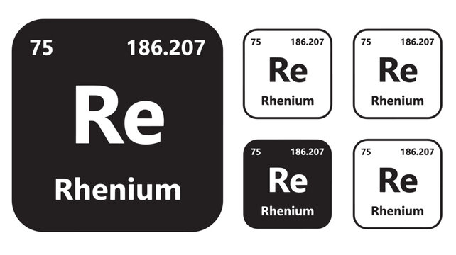 Rhenium element icons, featuring atomic number 75, symbol Re, and atomic mass 186.207 in various black and white styles.