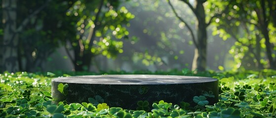 Naklejka premium Empty stone podium on a green clover meadow with a blurred sunlit forest background. St. Patrick's Day product display mockup.
