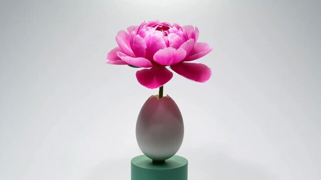 A delicate pink rose blooming from the top of a white eggshell placed on a mint green pedestal under soft lighting