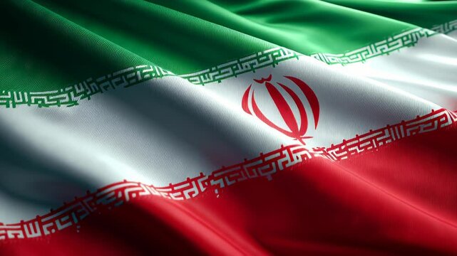 Waving flag of Iran showcasing national colors and emblem in a dynamic motion.