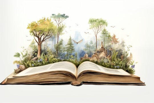 Watercolor illustration of open book publication reading nature.