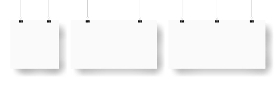 Blank paper sheets hanging on binder clips. Collection of paper pages, sheets canvas hanging on a ropes. Vector illustration with realistic paper sheets isolated on checkered background.
