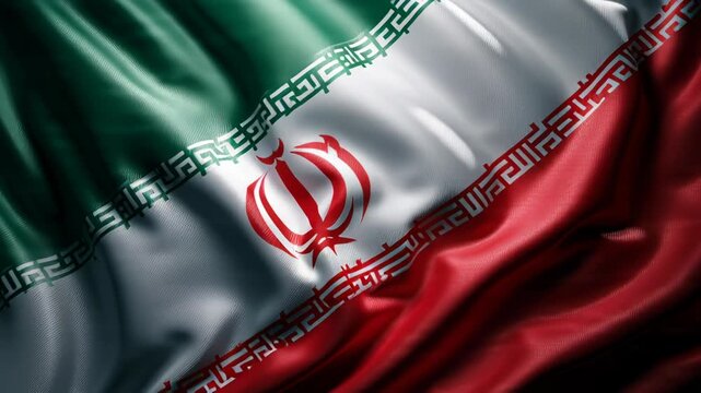 Close-up of the Iranian national flag waving with vibrant colors and detailed texture.