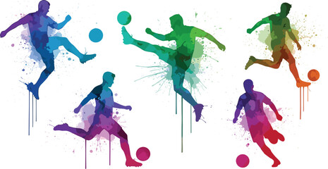 Set of colorful watercolor soccer football player silhouettes in action poses with paint splashes and drips vector illustration for sports event posters and artistic brandingSet of colorful watercolor © Md