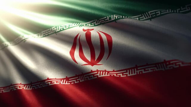 Waving national flag of Iran with sunlight shining through fabric.